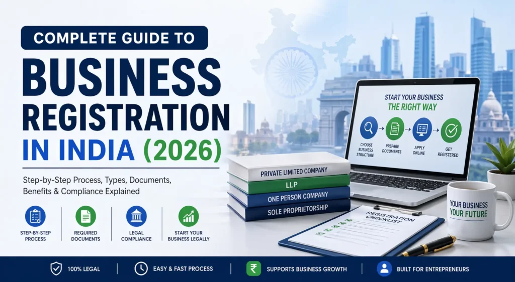 “Complete guide to business registration in India 2026 with steps, documents, and company types”