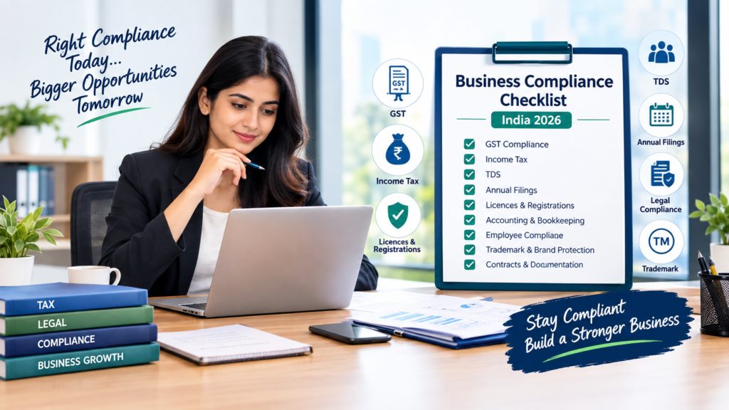Business Compliance Checklist in India 2026 – GST, Income Tax, TDS, Annual Filings, Licences, Accounting, Employee Compliance, Trademark and Legal Documentation